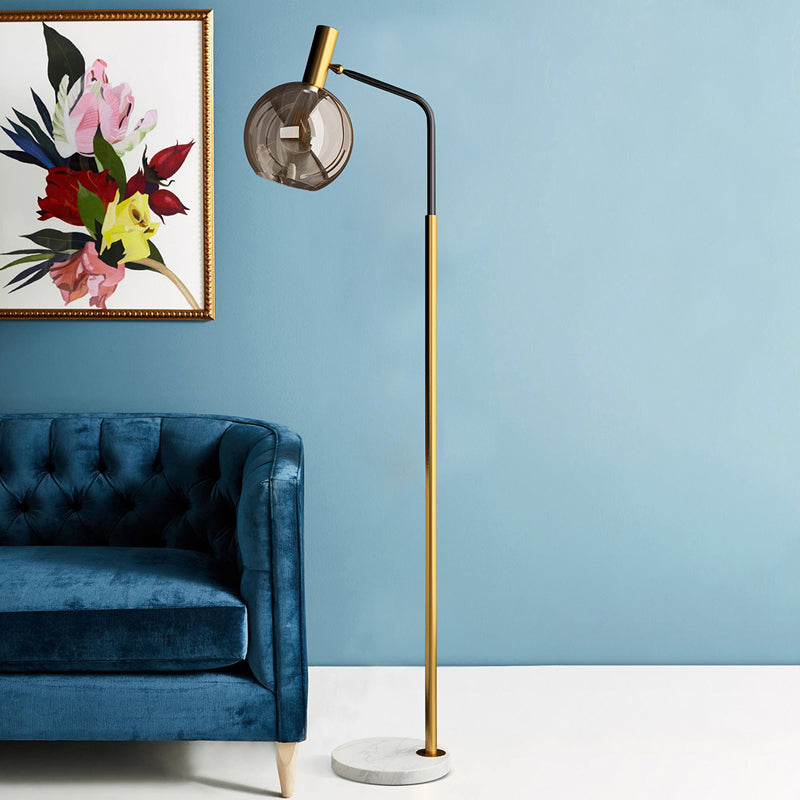 Modern Ball Floor Stand Lamp - Smoke Gray Glass 1 Light Brass And Black Finish