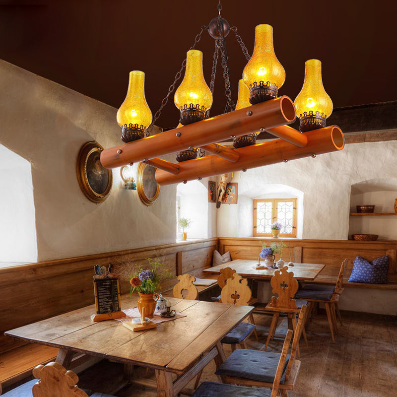 Vintage Yellow Crackle Glass Island Pendant Light With Bamboo Ladder Design