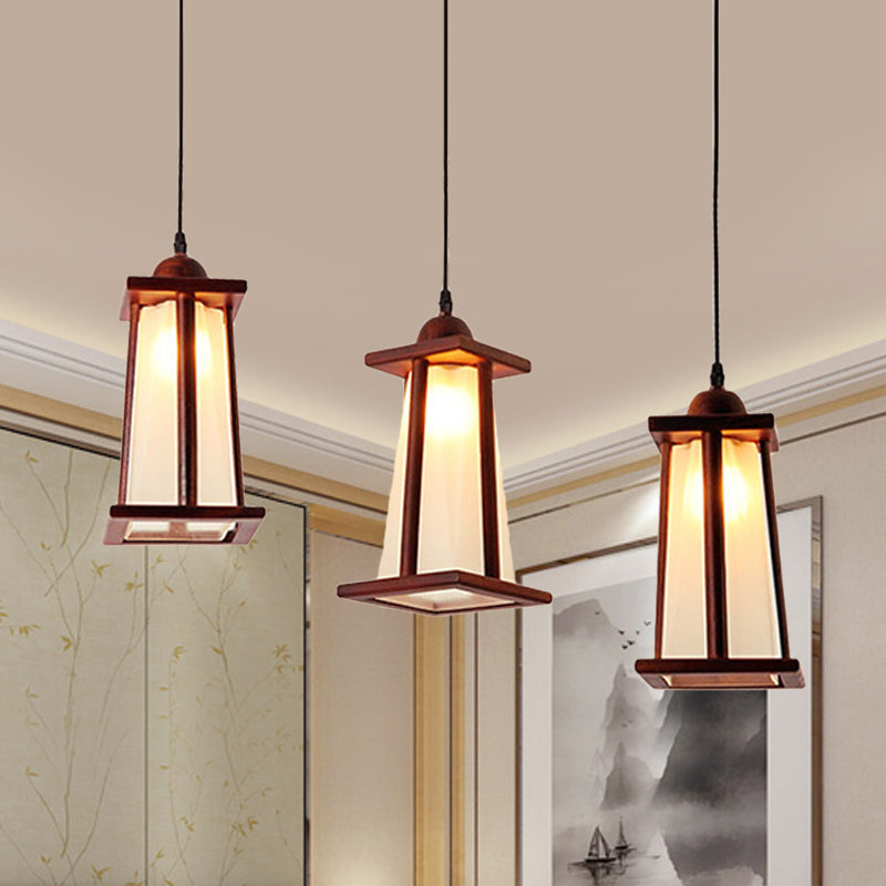 3-Light Coastal Wood Cluster Pendant With Frosted Glass Trapezoid Shade - Stylish Hanging Ceiling