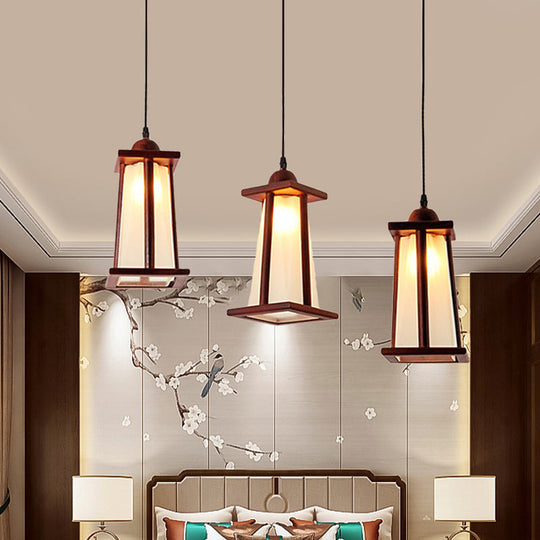 3-Light Coastal Wood Cluster Pendant With Frosted Glass Trapezoid Shade - Stylish Hanging Ceiling