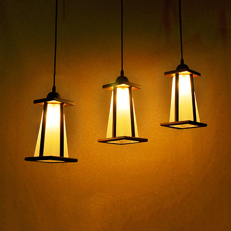 3-Light Coastal Wood Cluster Pendant With Frosted Glass Trapezoid Shade - Stylish Hanging Ceiling