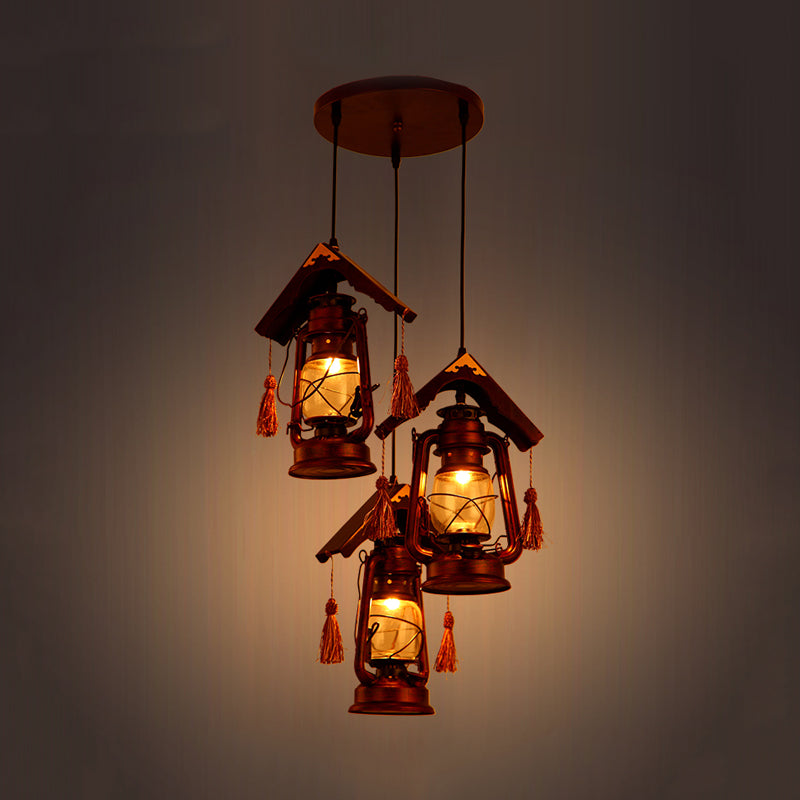Vintage Copper Kerosene Pendant Lighting With Clear Glass And Wood Deco - Set Of 3 Ceiling Lights