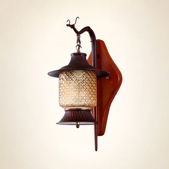 Vintage Tan Glass Lantern Sconce Light Fixture - 1-Light Copper Wall Lighting With Wood Backplate