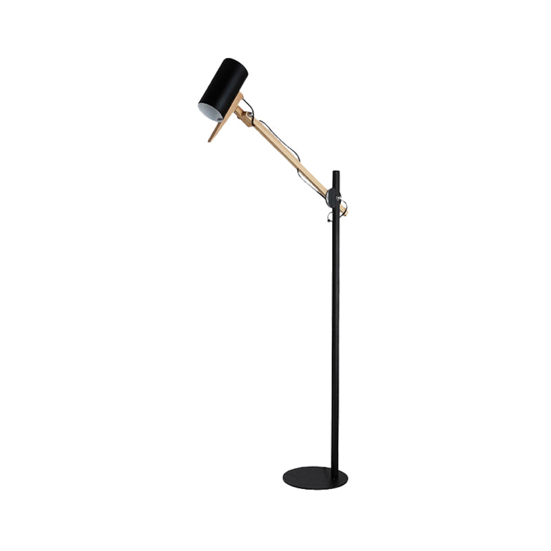 Modern Iron Swing Arm Floor Lamp - White/Black With Wood Tube Accent 1-Light Standing Light