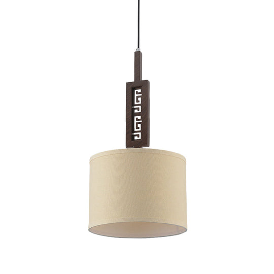 Modernist Wood Hanging Lamp Kit - Brown Carved 1-Bulb Down Lighting Design With Drum Fabric Shade