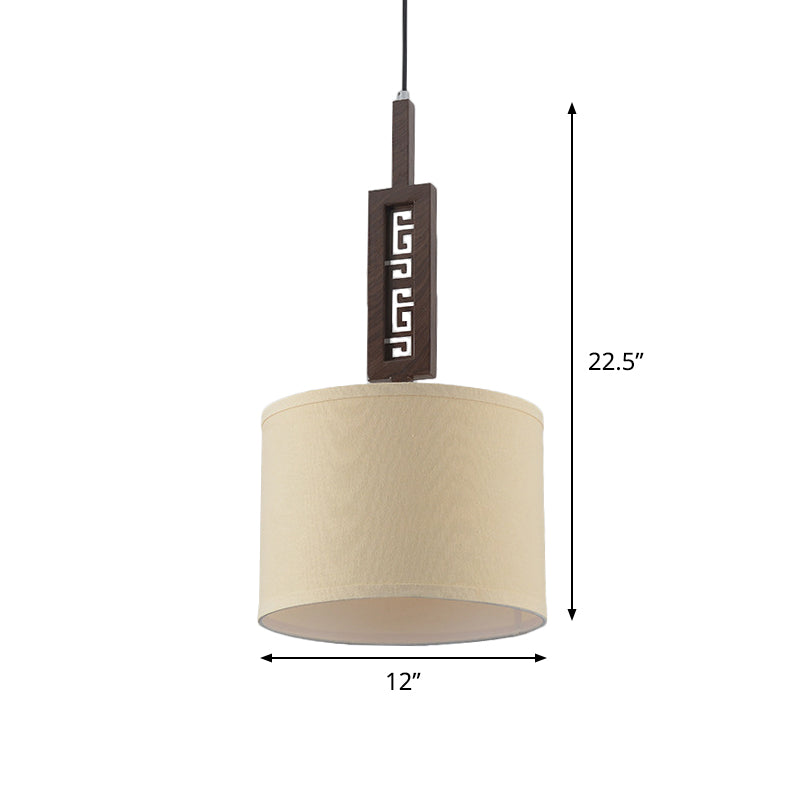 Modernist Wood Hanging Lamp Kit - Brown Carved 1-Bulb Down Lighting Design With Drum Fabric Shade