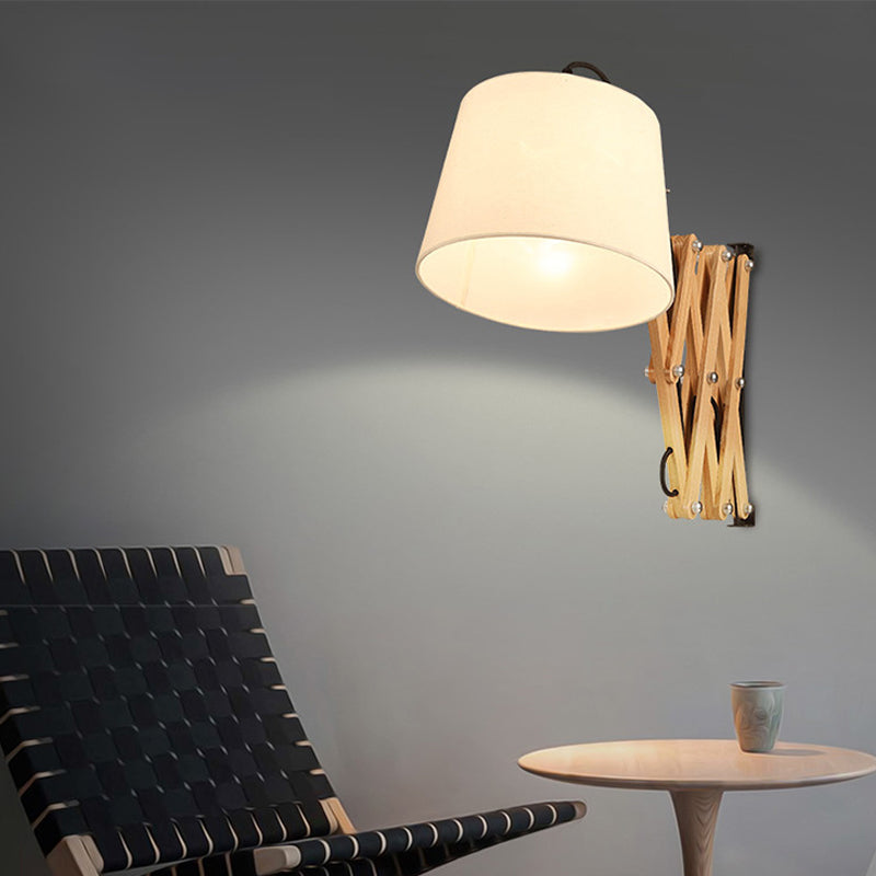Modern Wood Expansion Arm Sconce With White Fabric Shade