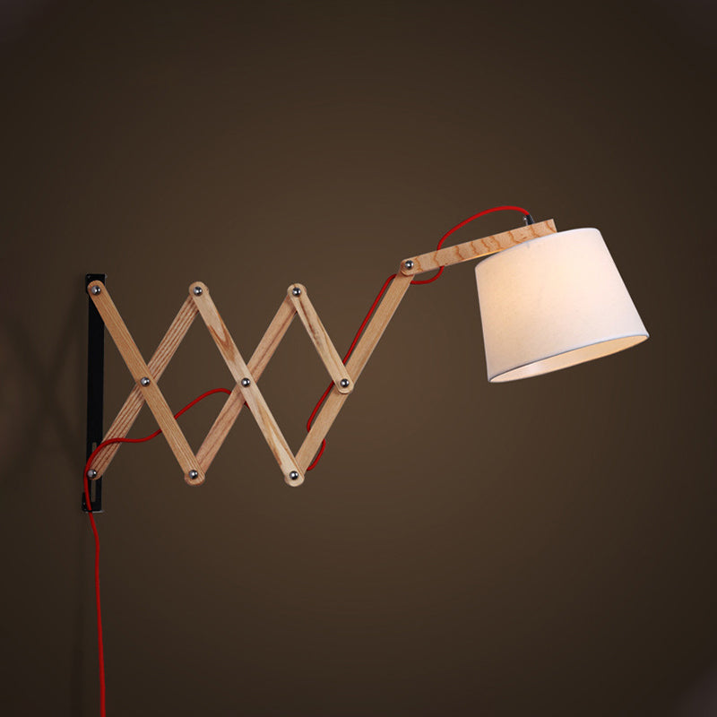 Modern Wood Expansion Arm Sconce With White Fabric Shade