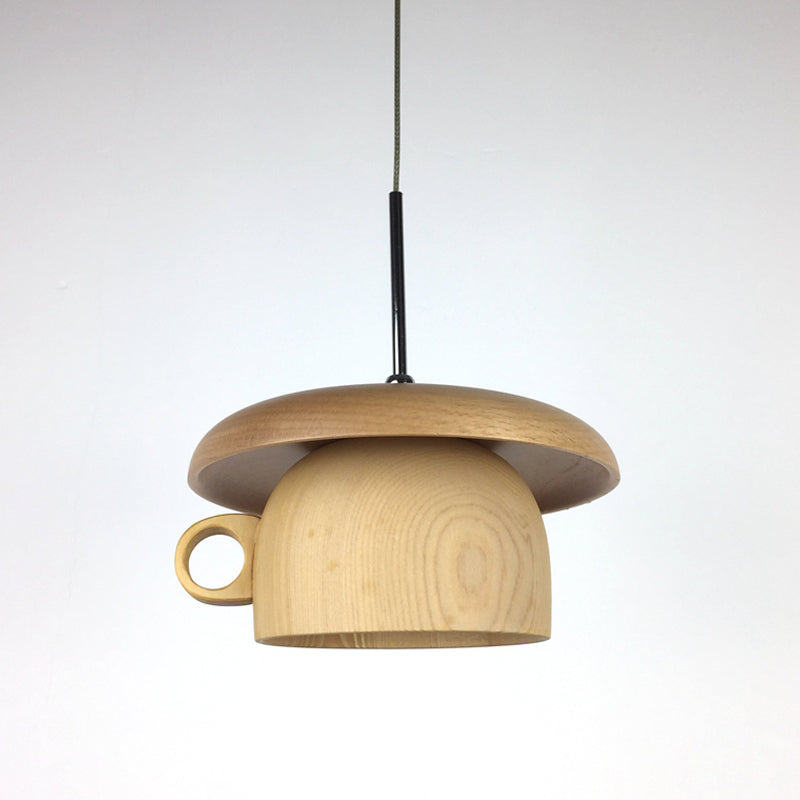 Modern Wood Coffee-Cup Pendant Light With Led Bulb - Beige Ceiling Hang Fixture