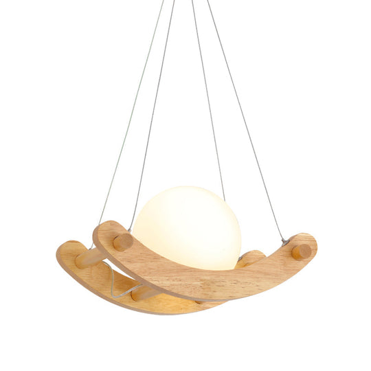 Modernist 1-Light Wood Pendant Lamp With Milk White Glass Shade - Beige Arced Ceiling Hanging Design