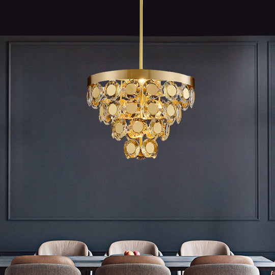 Modern Crystal Cone Chandelier Pendant Light With 5 Bulbs - Brass Finish Perfect For Restaurants