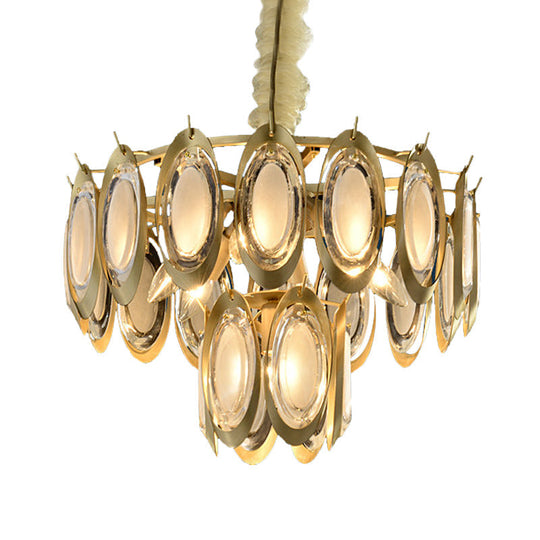 Modern 2-Tier Metallic Oblong Chandelier - Brass Finish 7 Hanging Bulbs Ceiling Lamp