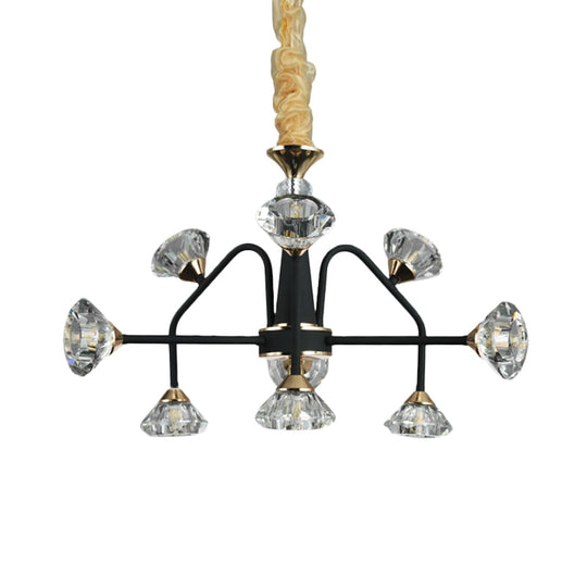 Modern Metal Sputnik Bedroom Chandelier With Diamond Crystal Shade - 9 Bulbs Black Pendant Light