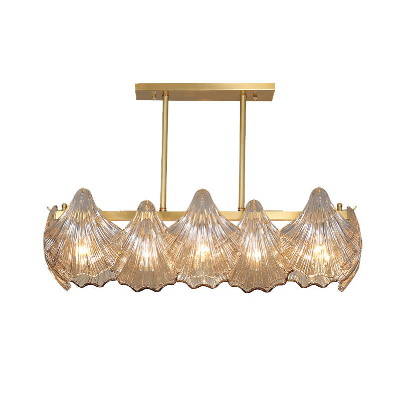 Contemporary Amber Crystal Pendant Light With Brass Island Lighting - 8 Lights Linear Metal Arm