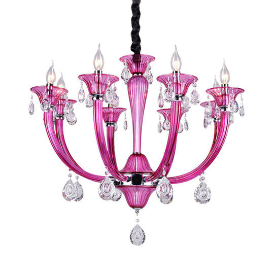 Modern Rose Red Glass Chandelier With Crystal Draping - 8-Light Chrome Pendant For Living Room