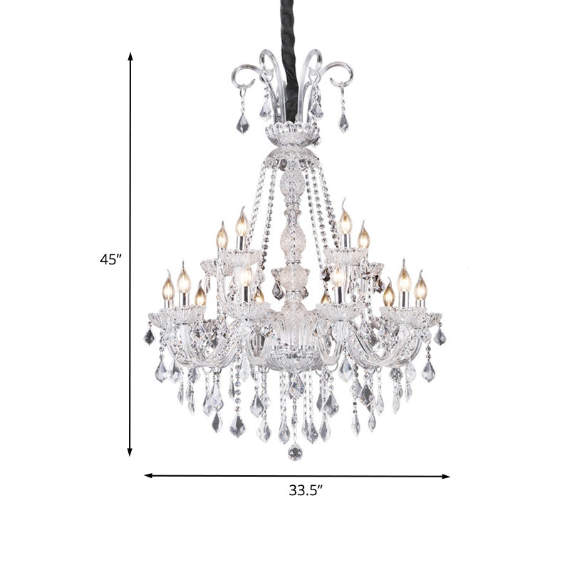 Retro 15-Bulb Clear Glass Candelabra Chandelier With Crystal Drop - Living Room Suspension Light