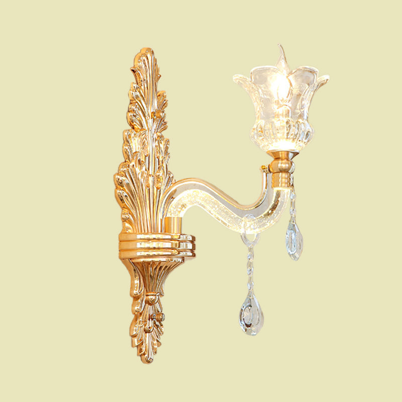 Gold Glass Sconce Light - Traditional Wall Mounted Lamp With Bubble Crystal Luminous Arm