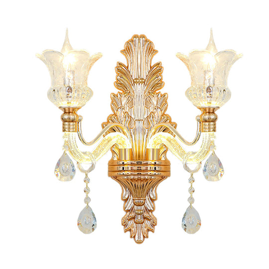 Gold Glass Sconce Light - Traditional Wall Mounted Lamp With Bubble Crystal Luminous Arm