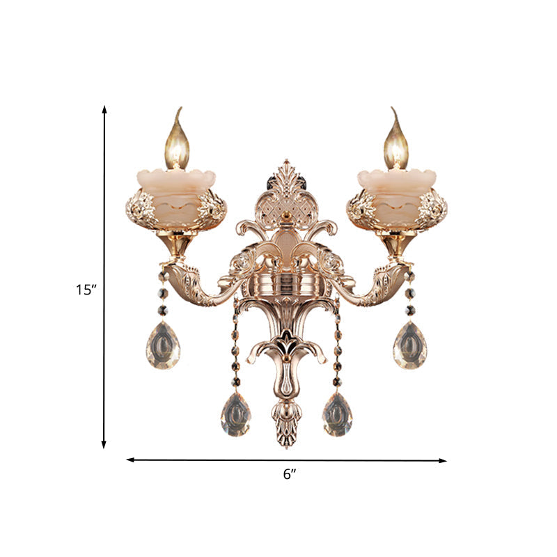 K9 Crystal Sconce Lamp: Traditional Gold Candle Wall Lighting Fixture With Jade Saucer