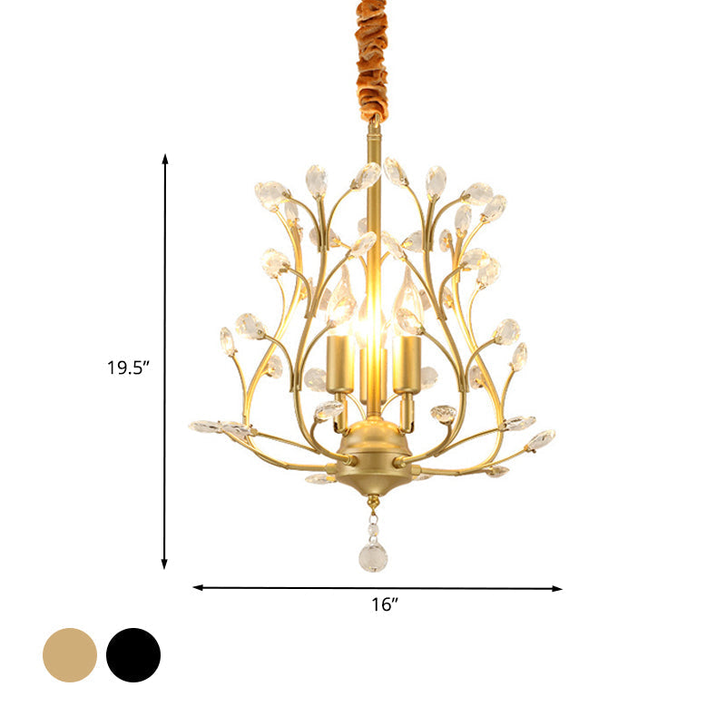 Contemporary K9 Crystal Branch Chandelier - 3-Lights Pendant Lamp For Dining Room Black/Gold