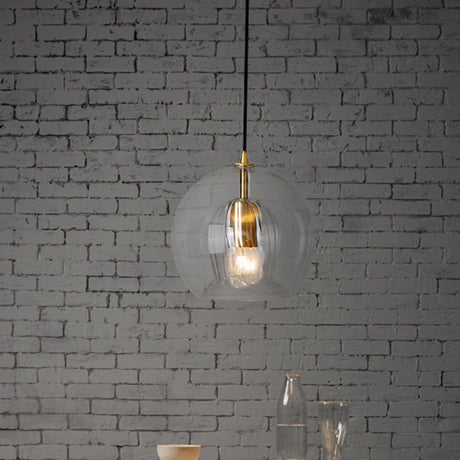Postmodern Global Clear Glass Mini Hanging Light - 1 Brass Suspension Lamp 6/10 Wide / 6