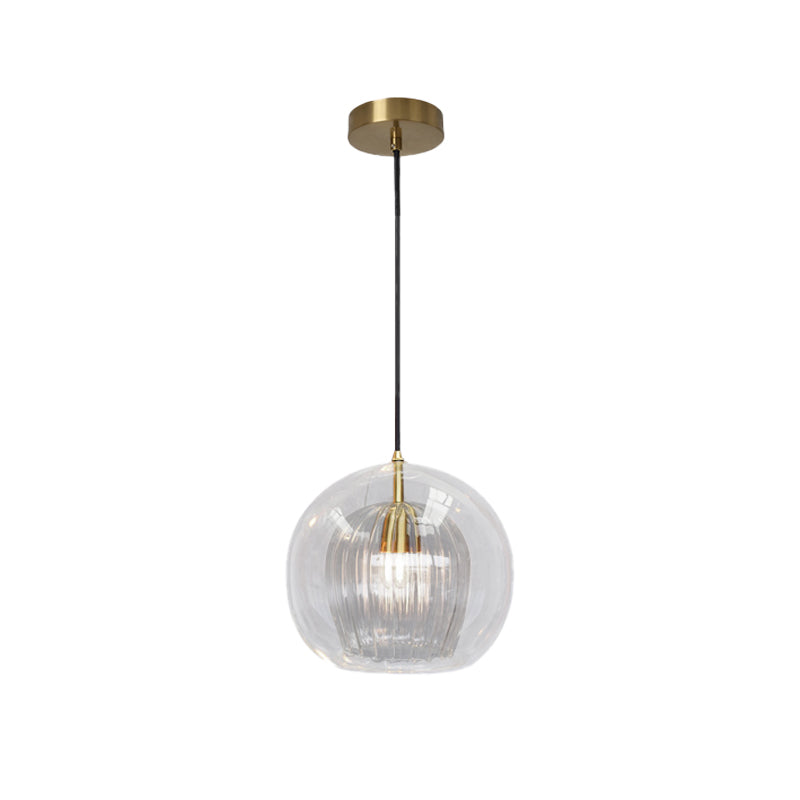 Postmodern Global Clear Glass Mini Hanging Light - 1 Brass Suspension Lamp 6/10 Wide