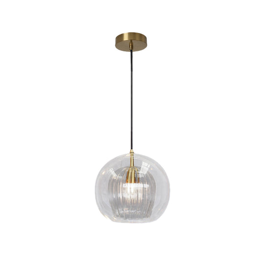 Postmodern Global Clear Glass Mini Hanging Light - 1 Brass Suspension Lamp 6/10 Wide