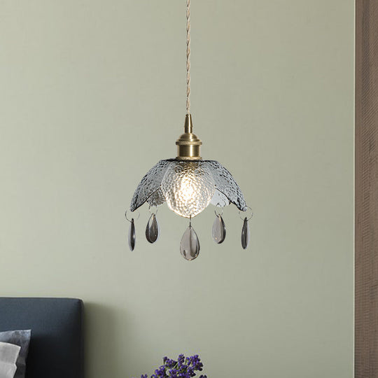Vintage Brass Scalloped Bowl Pendant Lamp - Clear/Smoke Gray Water Glass 1 Bulb Hanging Lighting