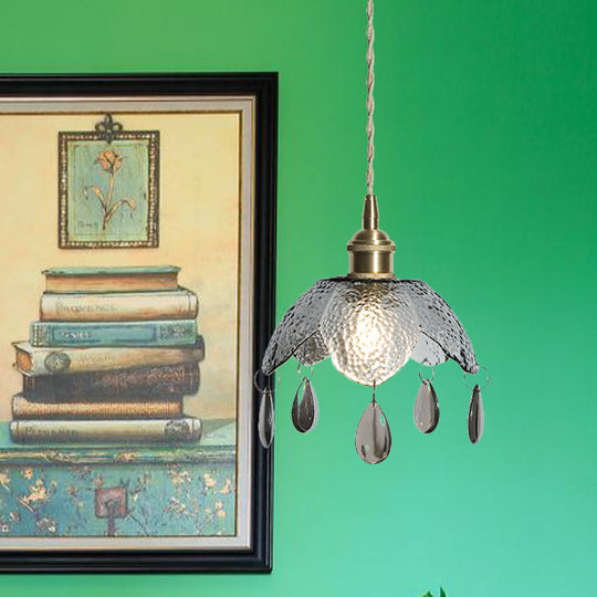 Vintage Brass Scalloped Bowl Pendant Lamp - Clear/Smoke Gray Water Glass 1 Bulb Hanging Lighting