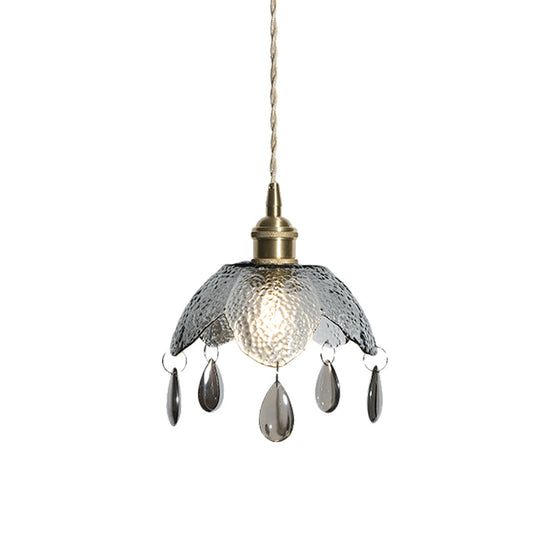 Vintage Brass Scalloped Bowl Pendant Lamp - 1 Bulb Clear/Smoke Gray Water Glass Suspended Lighting