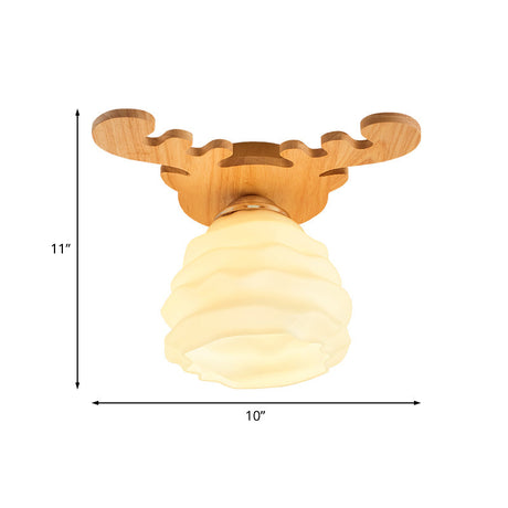 Modern White Glass Honeycomb Flush Mount Ceiling Lamp With Wood Antler Design
