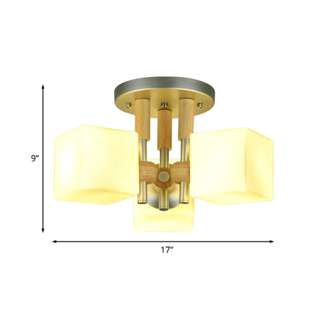 Modern Cube 3-Light Glass & Wood Ceiling Lamp