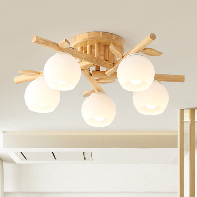 Modern Wood Branch Semi Flush Lighting - Beige Lamp With Milk White Glass Shade (3/5-Head) 5 /