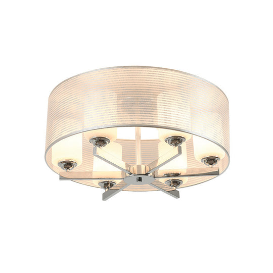 Minimalist White Glass Semi Flush Mount Drum Lighting With Chrome Finish - 6 Lights Tube Shade