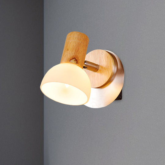 Modern Wood Domed Sconce Light Fixture With Milk White Glass Wall Mounted Lamp