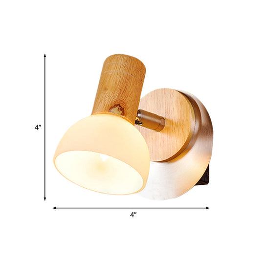 Modern Wood Domed Sconce Light Fixture With Milk White Glass Wall Mounted Lamp