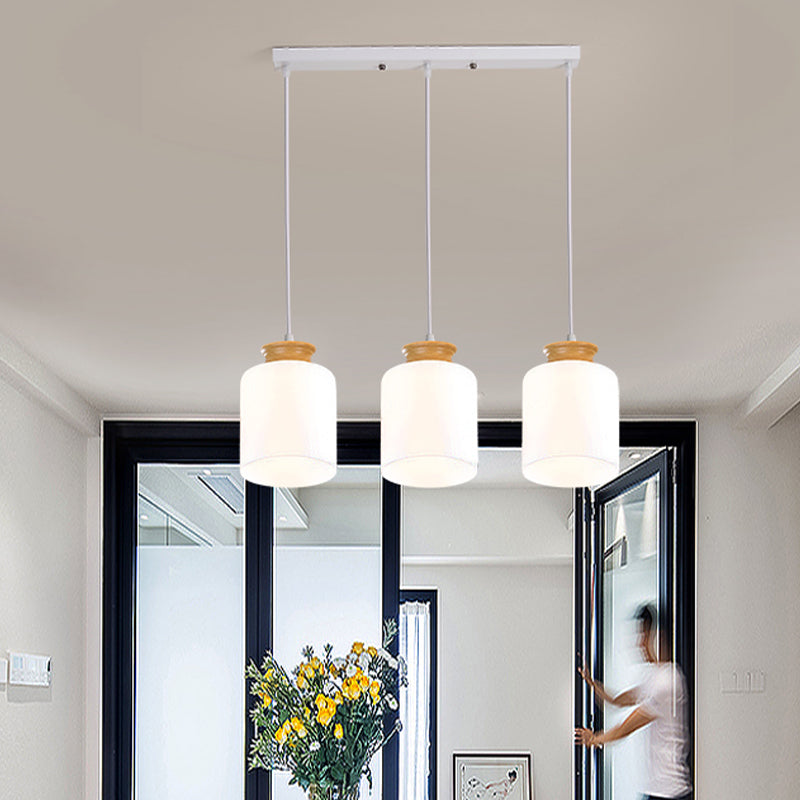 Modern White Glass Cylinder Chandelier With 3 Heads - Wood Suspension Lamp