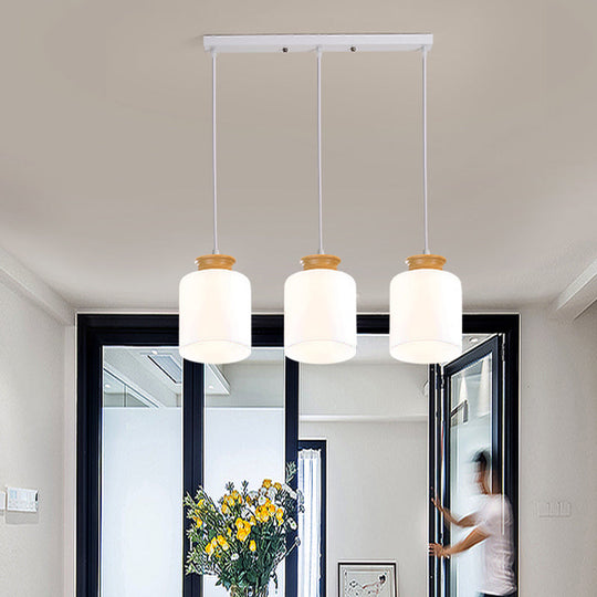 Modern White Glass Cylinder Chandelier With 3 Heads - Wood Suspension Lamp