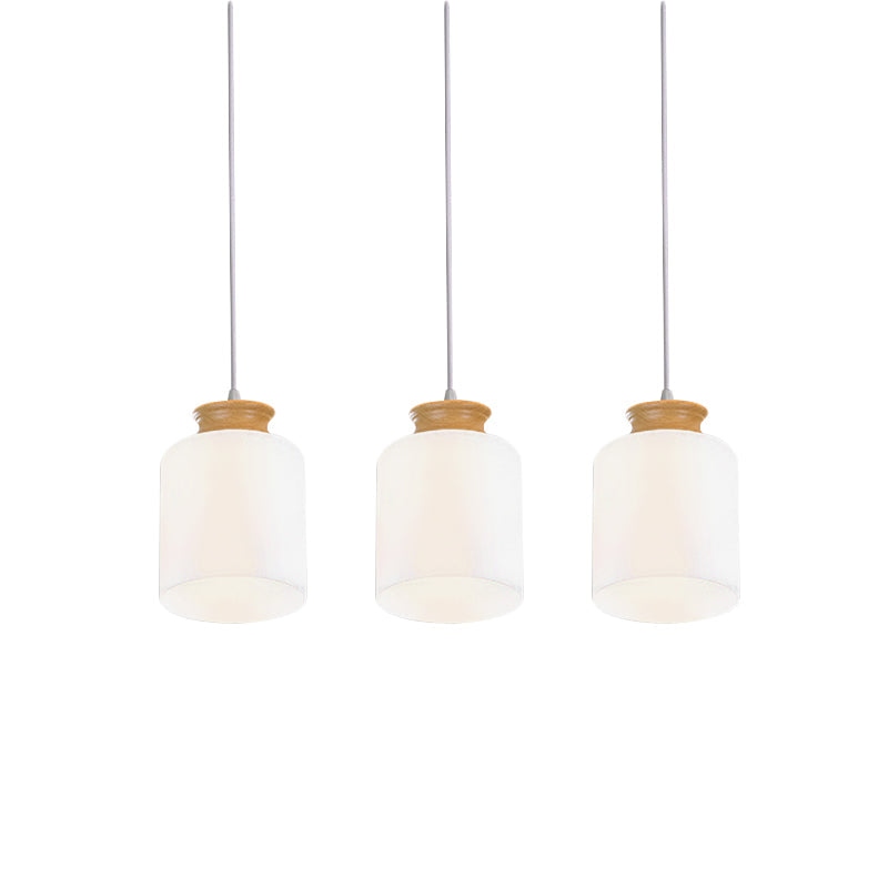 Modern White Glass Cylinder Chandelier With 3 Heads - Wood Suspension Lamp