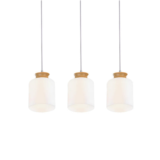 Modern White Glass Cylinder Chandelier With Wood Suspension Lamp - 3 Heads Round/Linear Canopy