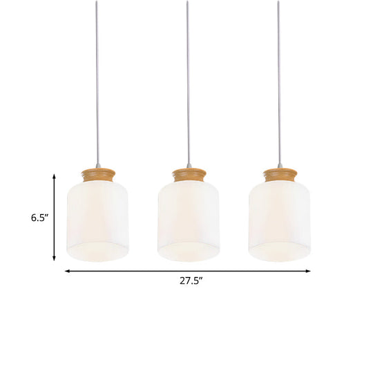 Modern White Glass Cylinder Chandelier With 3 Heads - Wood Suspension Lamp
