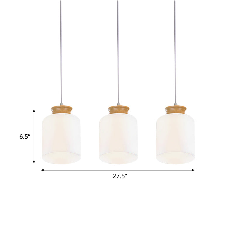 Modern White Glass Cylinder Chandelier With Wood Suspension Lamp - 3 Heads Round/Linear Canopy