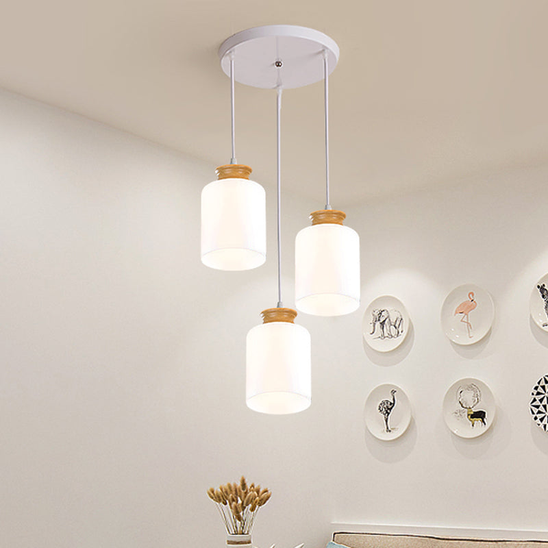 Modern White Glass Cylinder Chandelier With Wood Suspension Lamp - 3 Heads Round/Linear Canopy