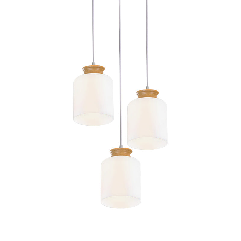 Modern White Glass Cylinder Chandelier With 3 Heads - Wood Suspension Lamp