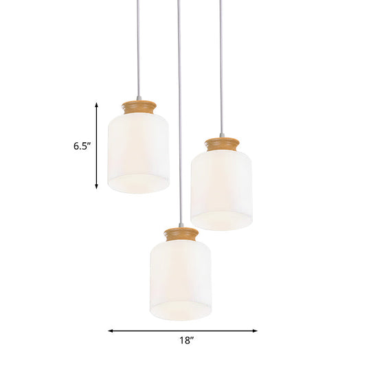 Modern White Glass Cylinder Chandelier With 3 Heads - Wood Suspension Lamp