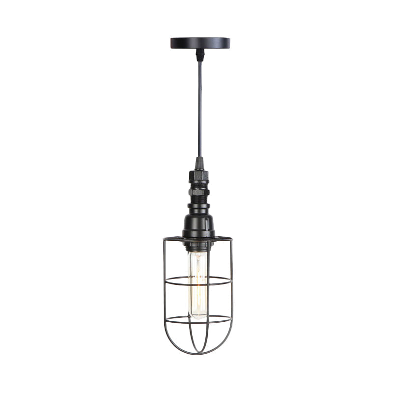 Sleek Black Caged Iron Pendant Light - Farmhouse Style For Coffee Shops 1 Bulb Suspension
