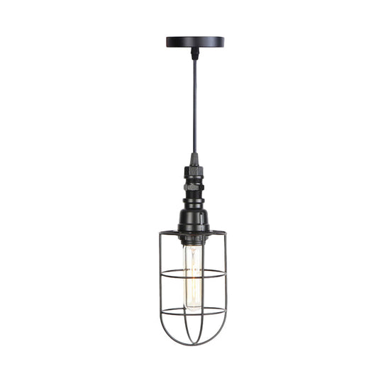 Sleek Black Caged Iron Pendant Light - Farmhouse Style For Coffee Shops 1 Bulb Suspension