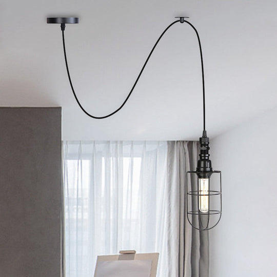 Sleek Black Caged Iron Pendant Light - Farmhouse Style For Coffee Shops 1 Bulb Suspension