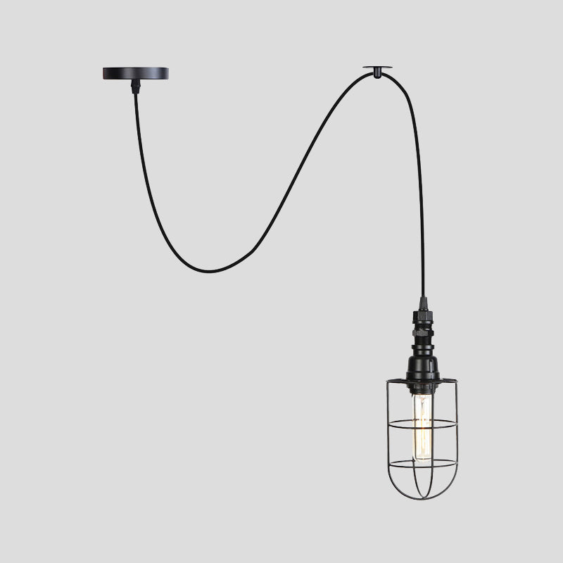 Sleek Black Caged Iron Pendant Light - Farmhouse Style For Coffee Shops 1 Bulb Suspension