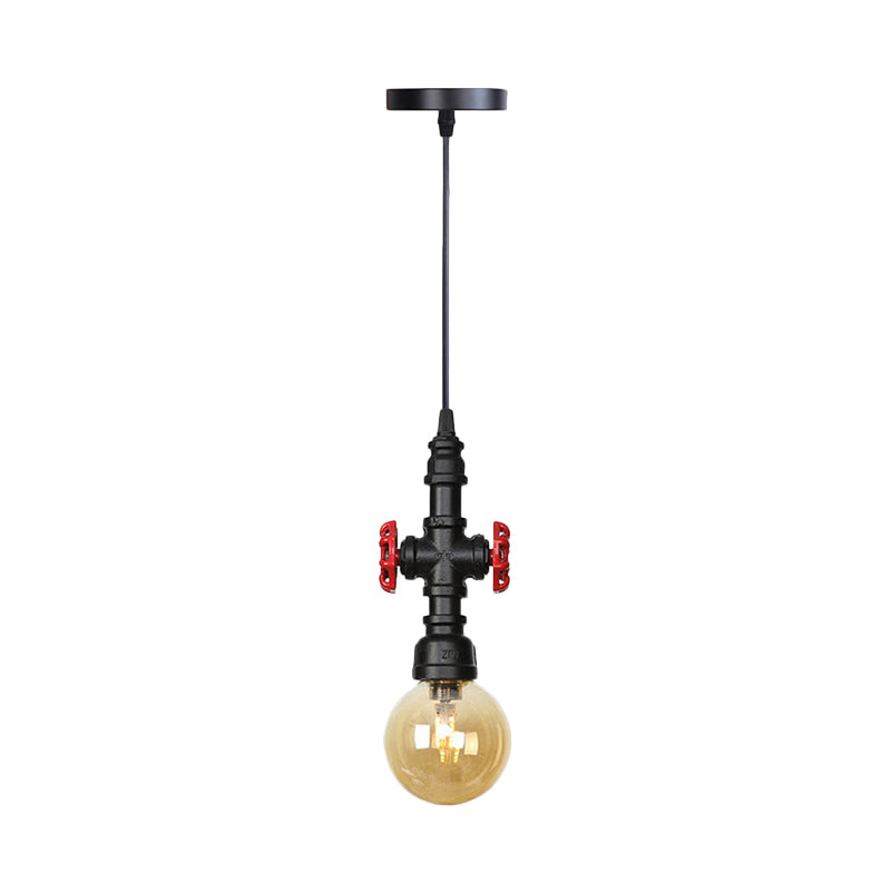 Industrial Black Finish Amber Glass Pendant Lamp With Pipe Suspension - 1-Light Ball/Capsule